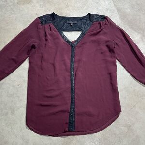 Rock & Republic burgundy & black semi sheer top Womens Medium Faux Leather Trim